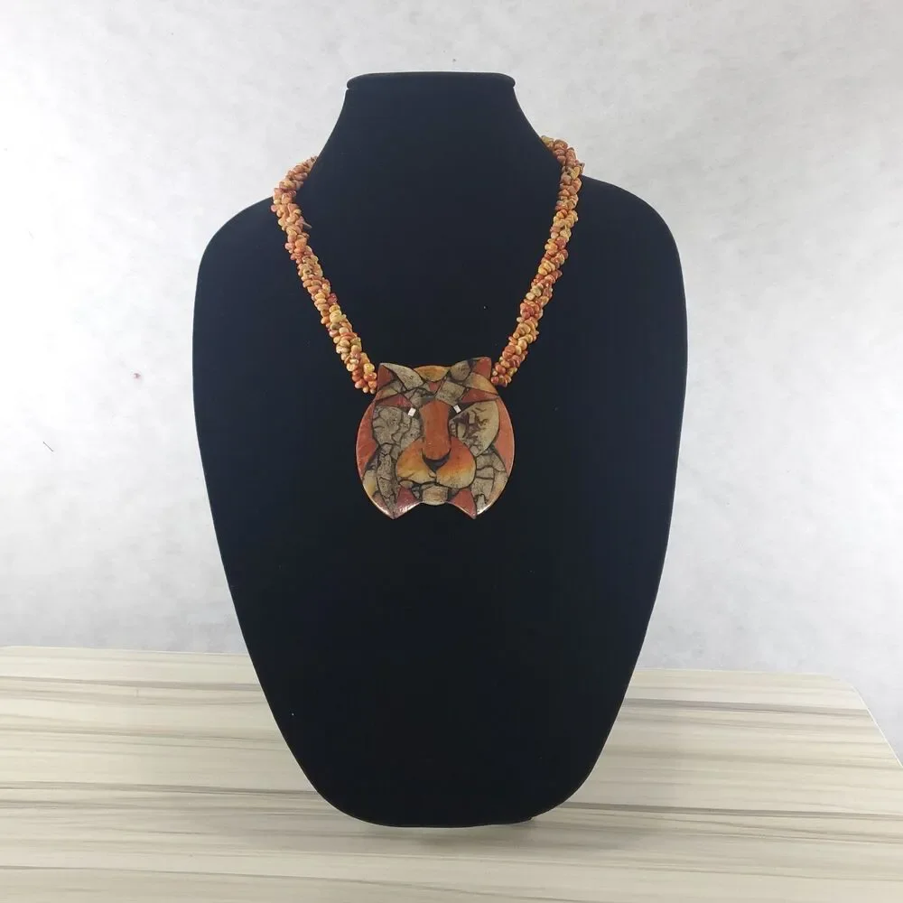 Vintage Lee Sands Inlaid Lion Pendant Statement Necklace Coral Orange 9" 22" - Picture 2 of 12